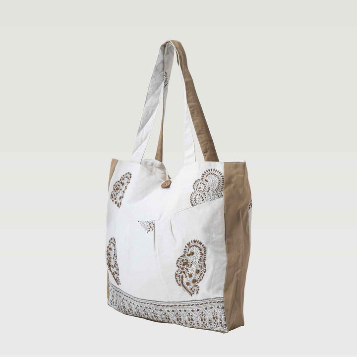 Borsa in cotone bianca e beige